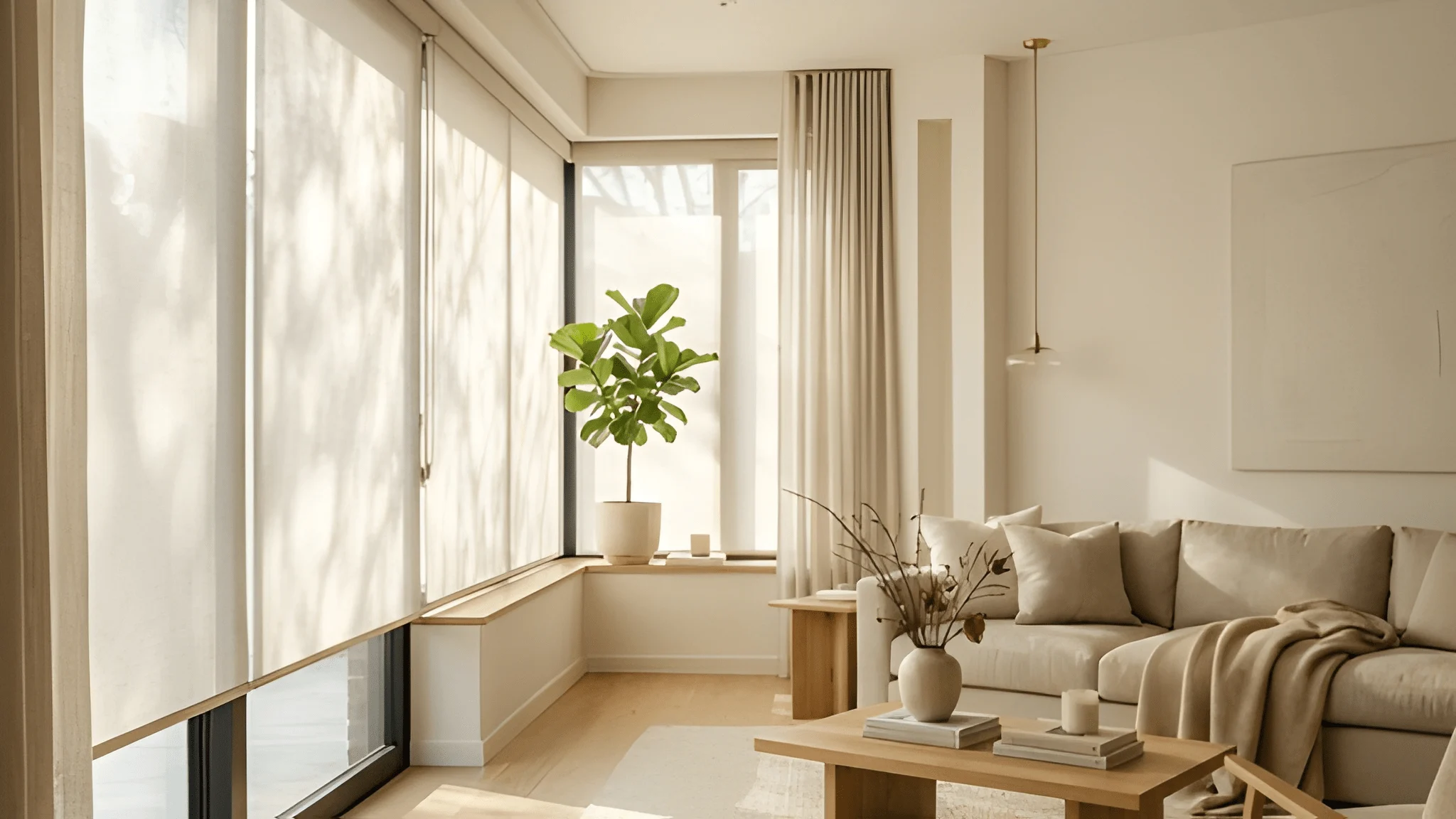 Warm natural sunlight filtering through premium custom sheer roller blinds in a modern living room